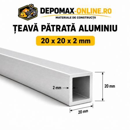 Teava patrata aluminiu 20 x 20 x 2 mm, 6 metri (EN AW-6060)